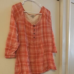 Women's Coral Plaid Top
